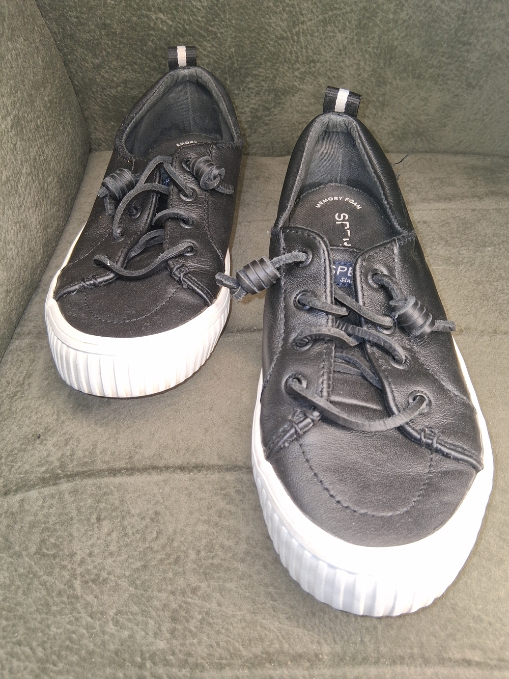 Sperry Black Leather Espadrille-Style Slip-On Sneakers with White Sole